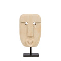 Statue décorative visage stylisé en grès beige sur socle