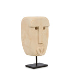 Statue décorative visage stylisé en grès beige sur socle