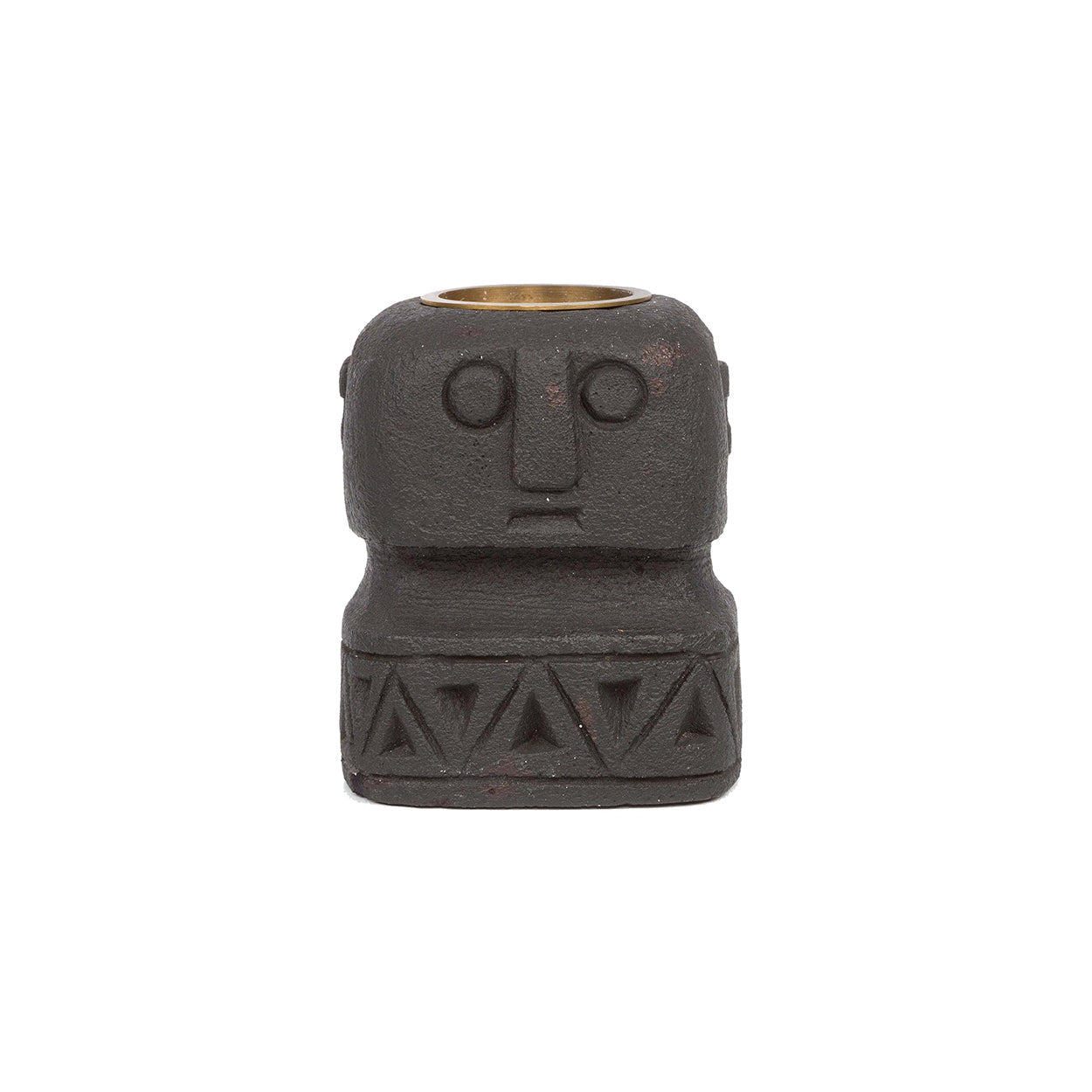 Porte-bougie totem en grès noir sculpté avec motifs géométriques