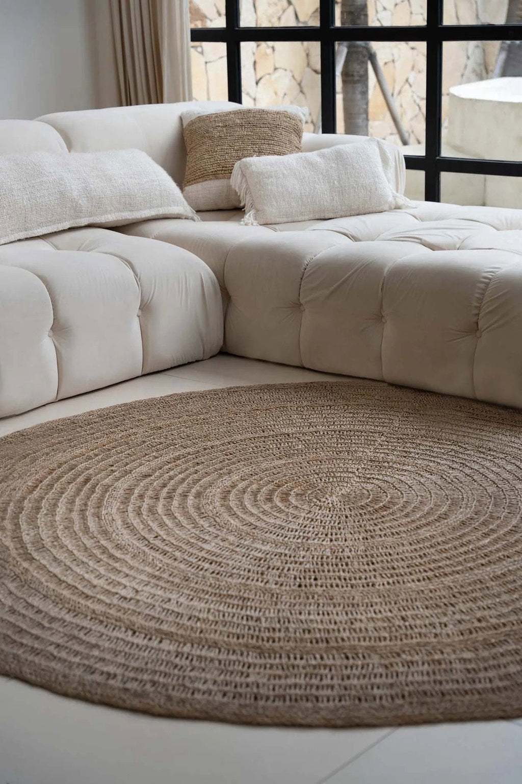 Tapis rond en jonc de mer tressé motif cercles naturels – Ø200 cm