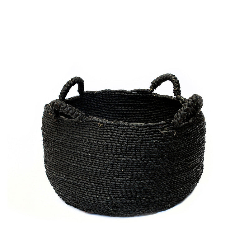 Panier rond en jonc de mer noir à anses souples – Ø52 cm