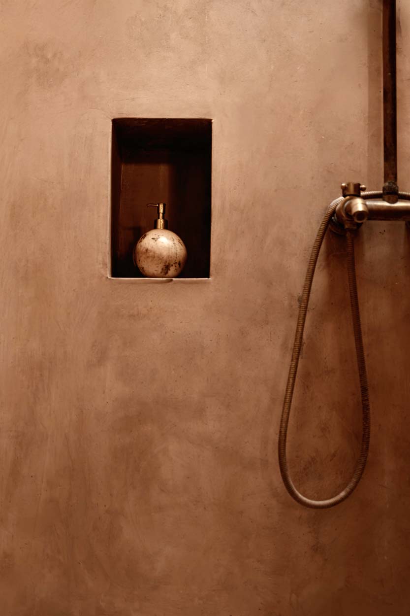 Distributeur de savon noix de coco brun avec pompe dorée en laiton brossé