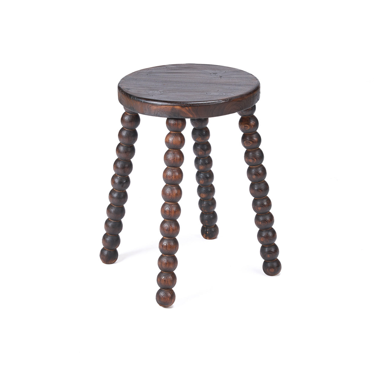 Tabouret de salon bois foncé pieds perlés sculptés massifs – H50 cm