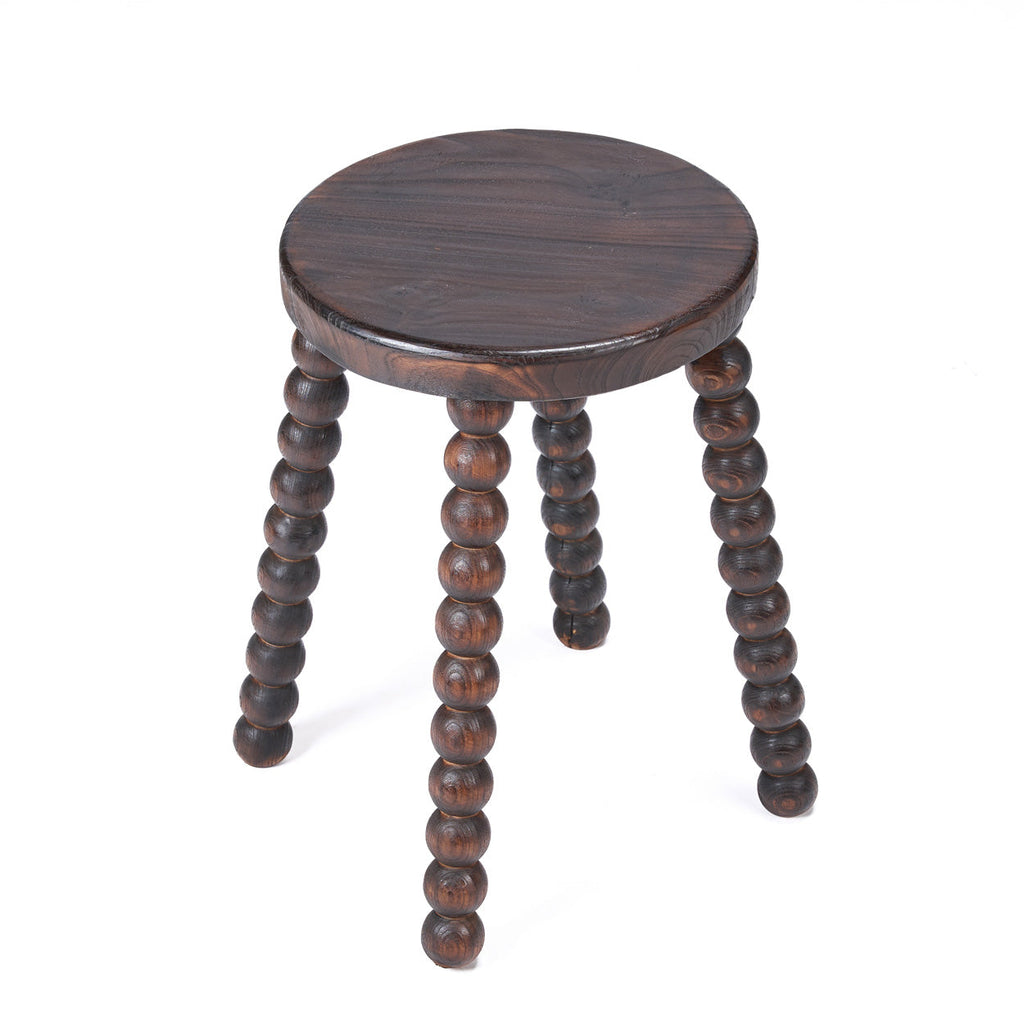 Tabouret de salon bois foncé pieds perlés sculptés massifs – H50 cm