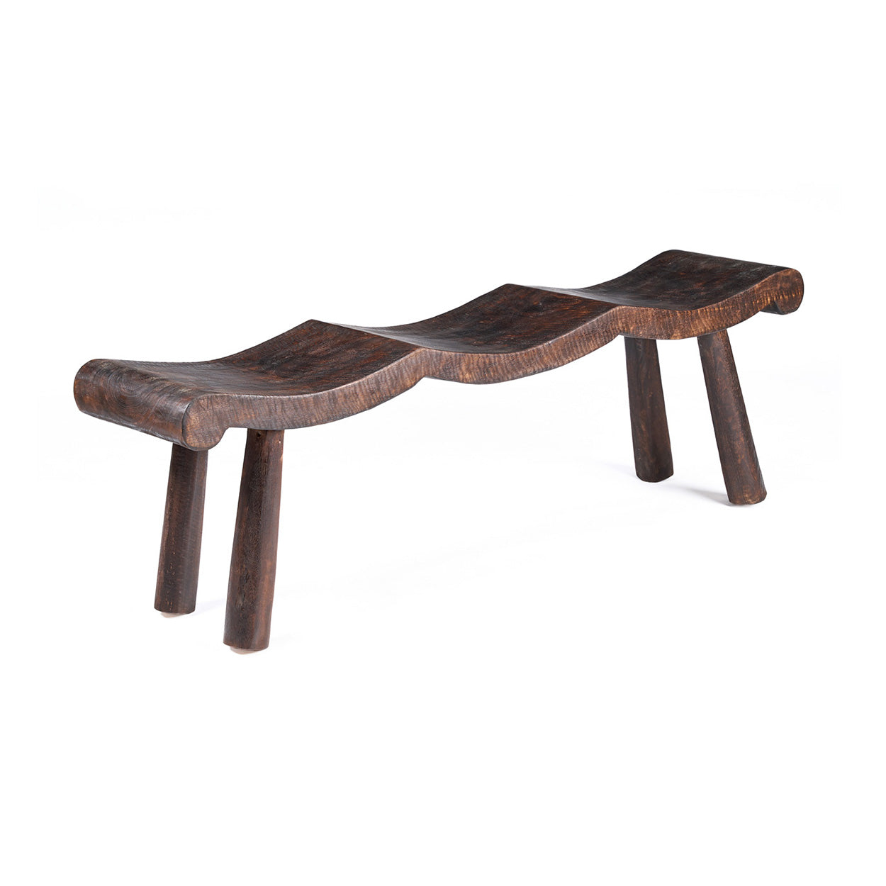 Banc en bois massif brun foncé ondulé pour salon – 155x35 cm