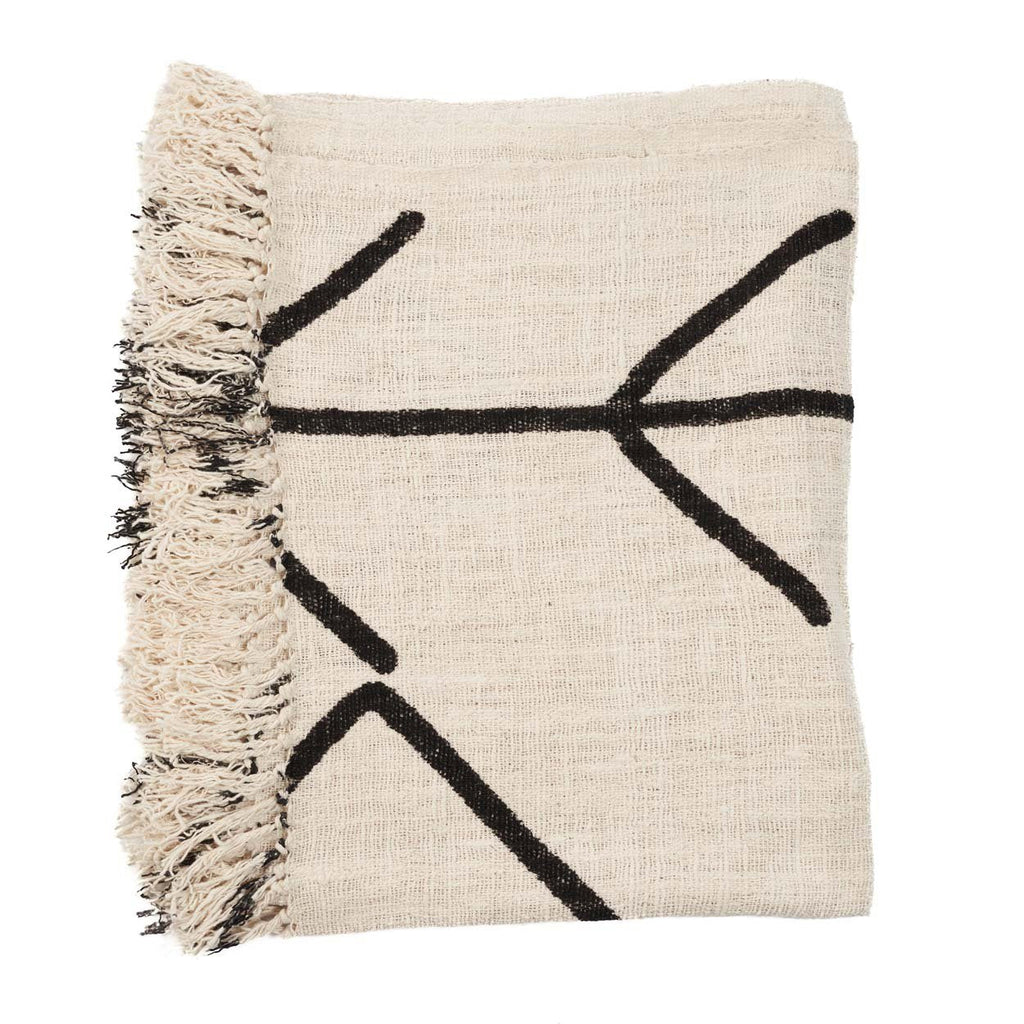 Jeté de lit en coton noir naturel motif œil protecteur et franges