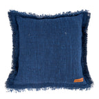Housse de coussin bleu frangé en coton-lin 50x50 cm