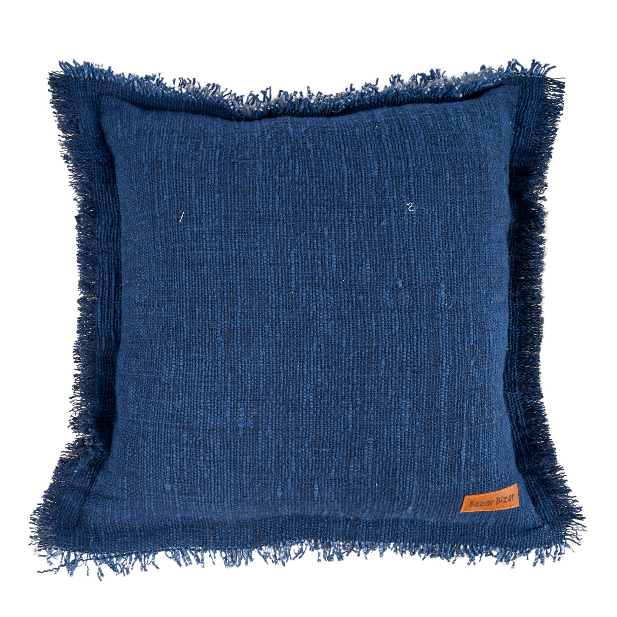 Housse de coussin bleu frangé en coton-lin 50x50 cm