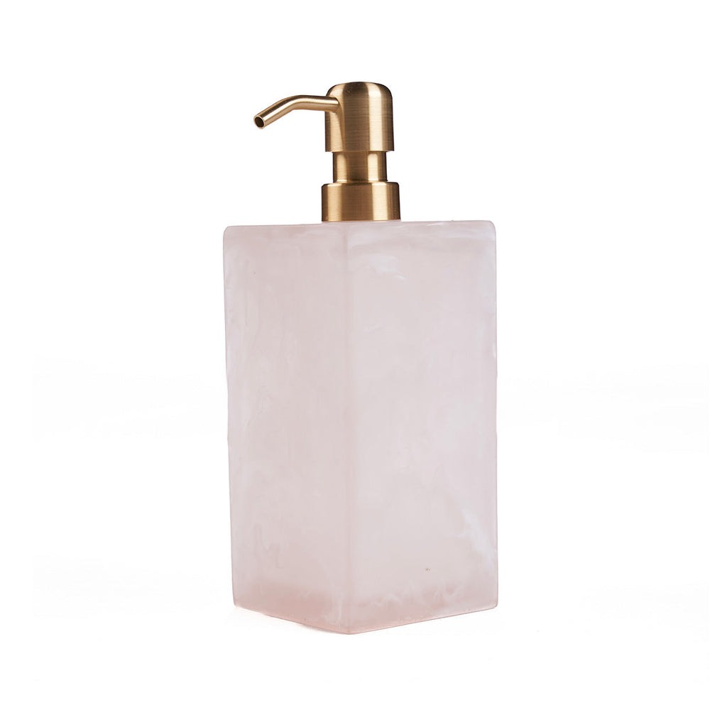 Distributeur de savon en résine marbrée rose et blanche avec pompe dorée
