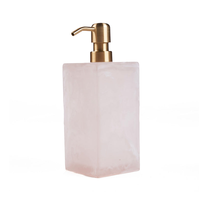 Distributeur de savon en résine marbrée rose et blanche avec pompe dorée
