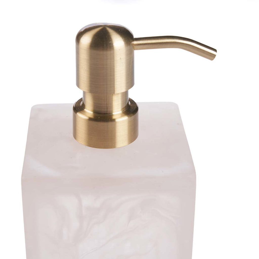 Distributeur de savon en résine marbrée rose et blanche avec pompe dorée