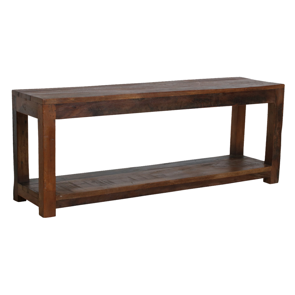 Banc en bois recyclé brun à double plateau pour entrée ou chambre – 116x30 cm