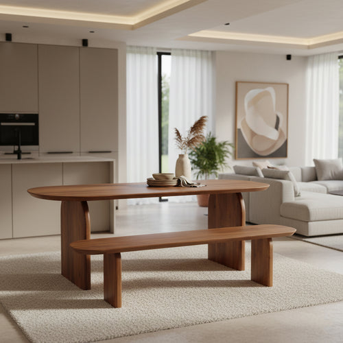Banc en bois massif brun forme capsule – 200x35 cm