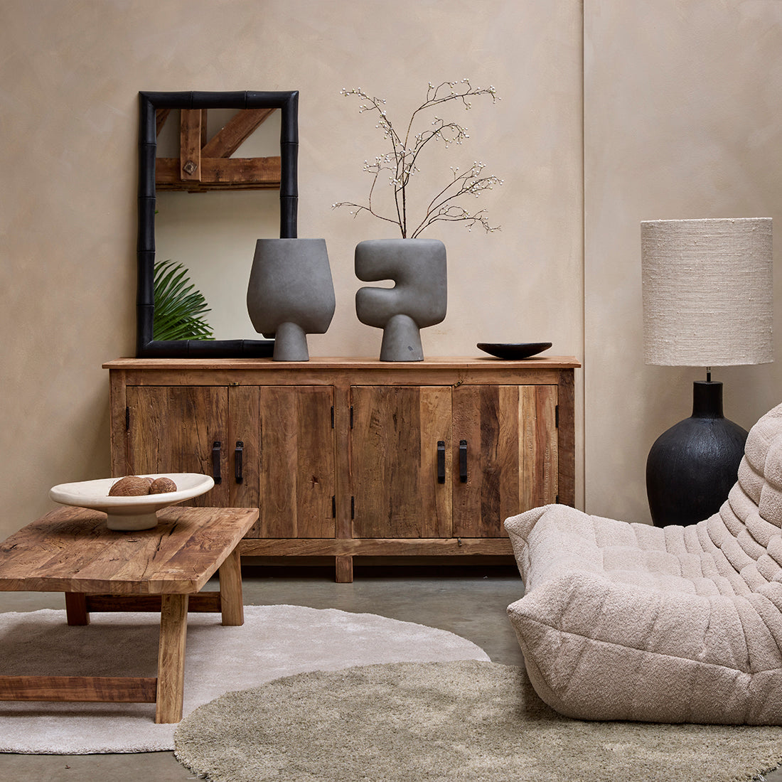Buffet en bois recyclé brun avec 4 portes métal noir – 172x39 cm