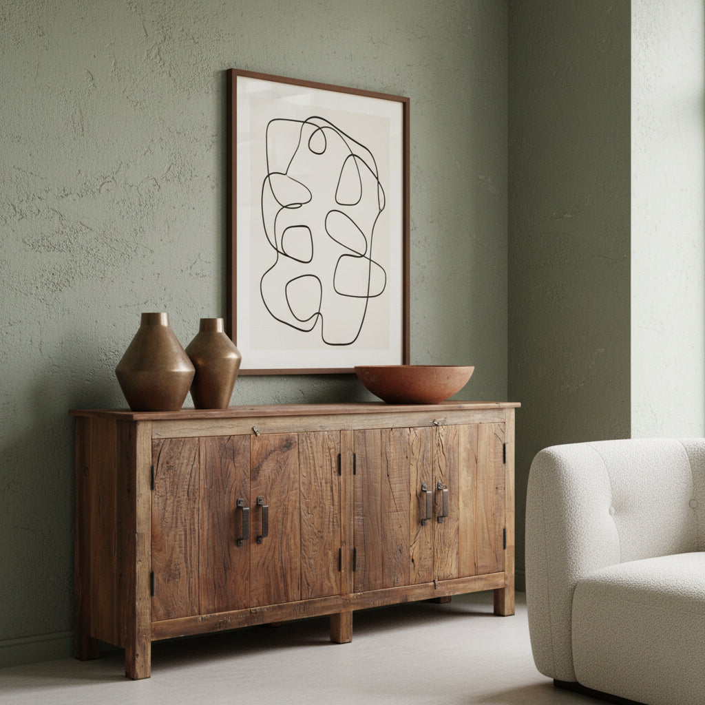 Buffet en bois recyclé brun avec 4 portes métal noir – 172x39 cm