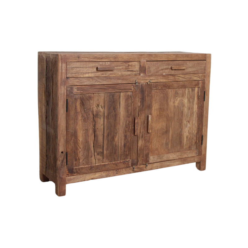 Buffet bois recyclé 2 portes et tiroirs chaleur salon – 120x38 cm