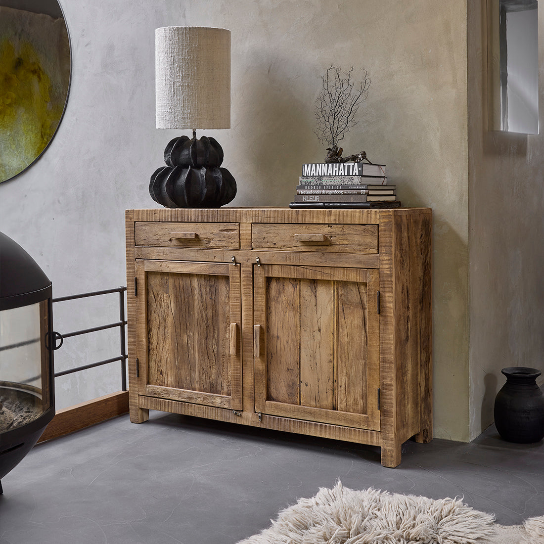 Buffet bois recyclé 2 portes et tiroirs chaleur salon – 120x38 cm