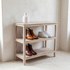 Étagère à chaussures en bois recyclé finition blanchie pour entrée – 90x35 cm