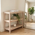 Étagère à chaussures en bois recyclé finition blanchie pour entrée – 90x35 cm