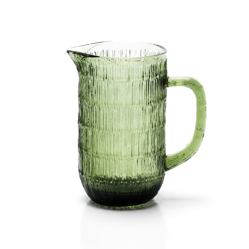 Pichet en verre recyclé vert ondulé avec anse