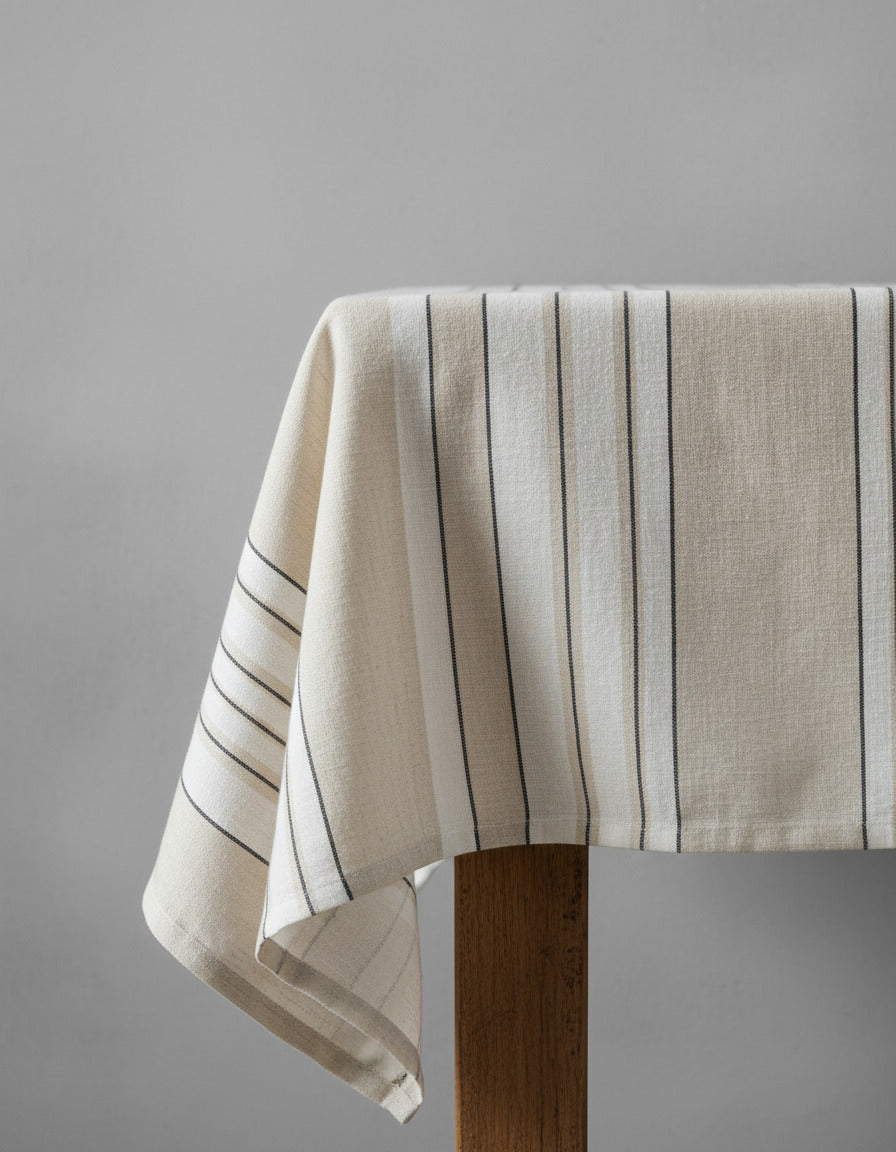 Nappe rectangulaire en lin rayé naturel noir et blanc – 150x250 cm