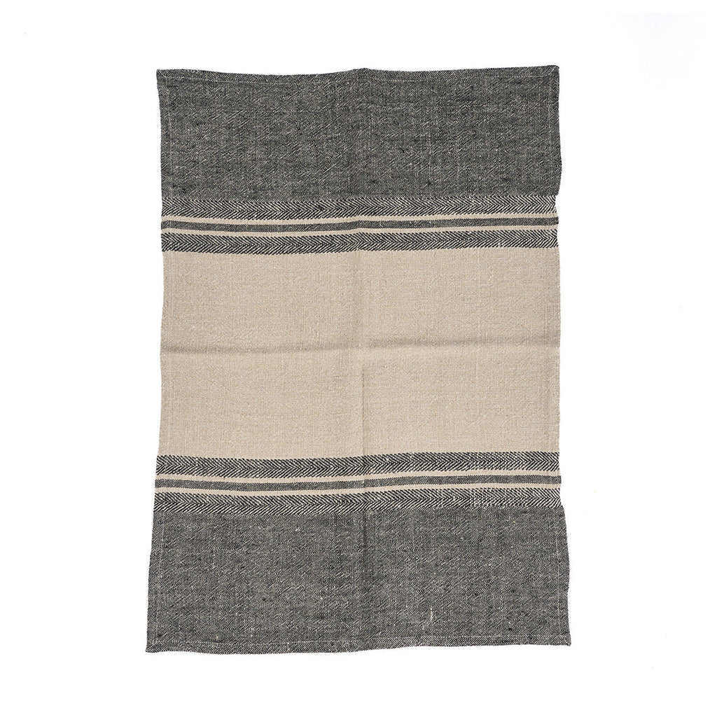 Torchon en lin naturel rayé bicolore beige et anthracite