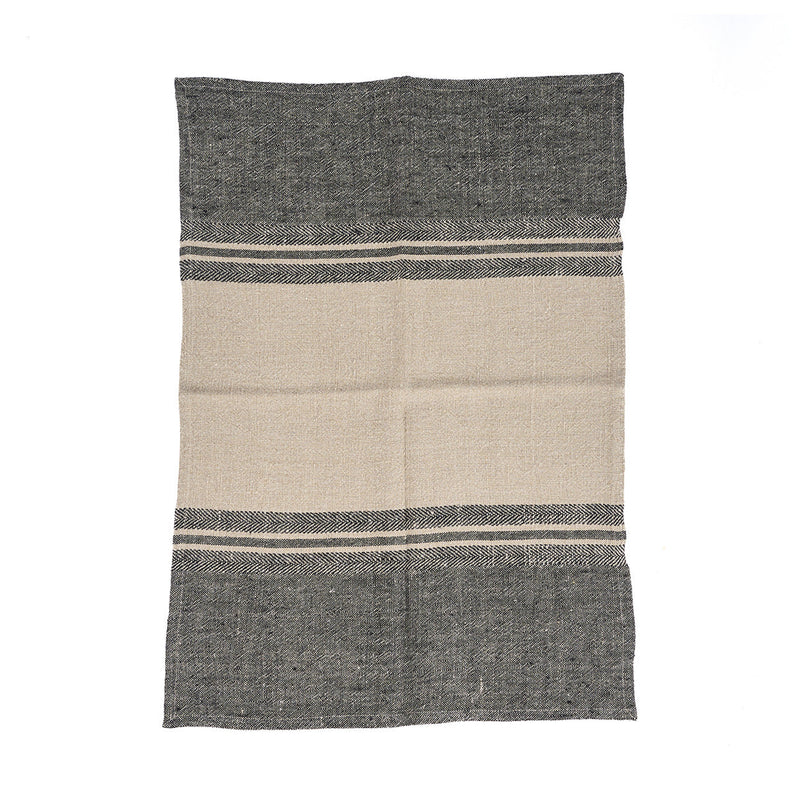 Torchon en lin naturel rayé bicolore beige et anthracite