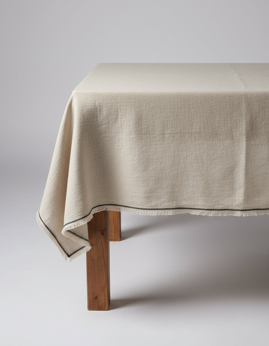 Nappe rectangulaire en lin écru bord noir frangé – 150x300 cm