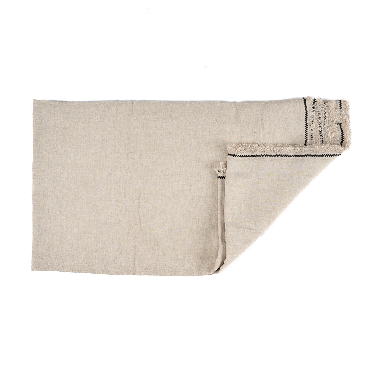 Nappe rectangulaire en lin écru bord noir frangé – 150x300 cm