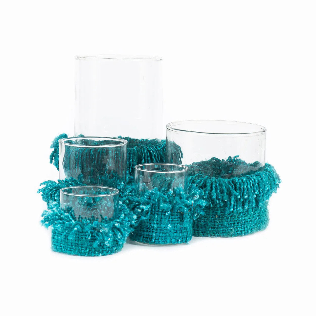Porte-bougie en verre turquoise avec franges coton XXL