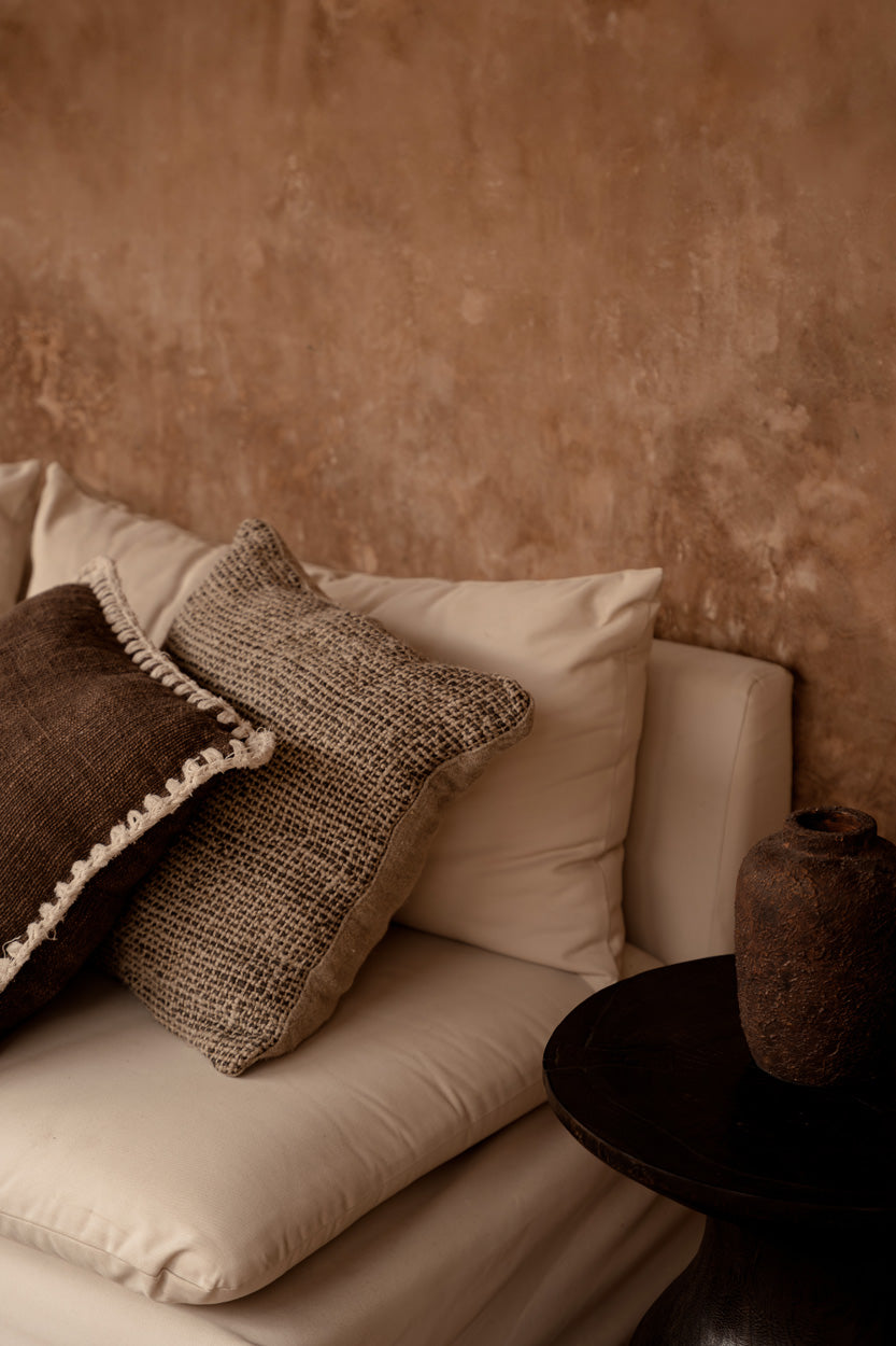 Housse de coussin en lin texturé noir naturel quadrillé 50x50 cm