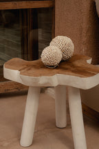 Table d’appoint en teck massif blanc naturel forme organique – 45x45 cm