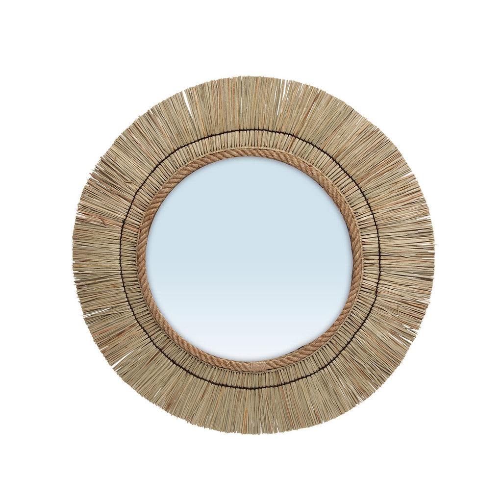 Miroir mural rond en herbe naturelle tressée avec corde en jute – Ø65 cm