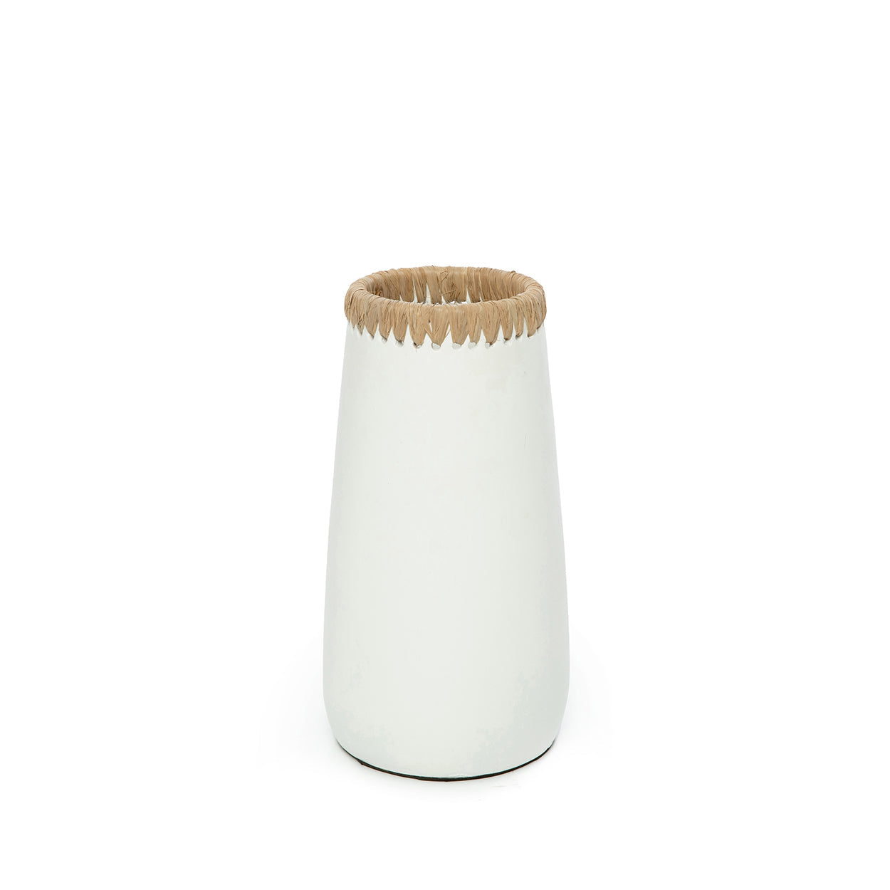 Vase décoratif en terre cuite blanc naturel avec bordure en raphia – H26 cm