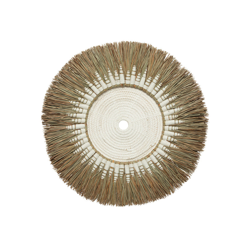 Déco murale ronde en raphia et macramé coton blanc