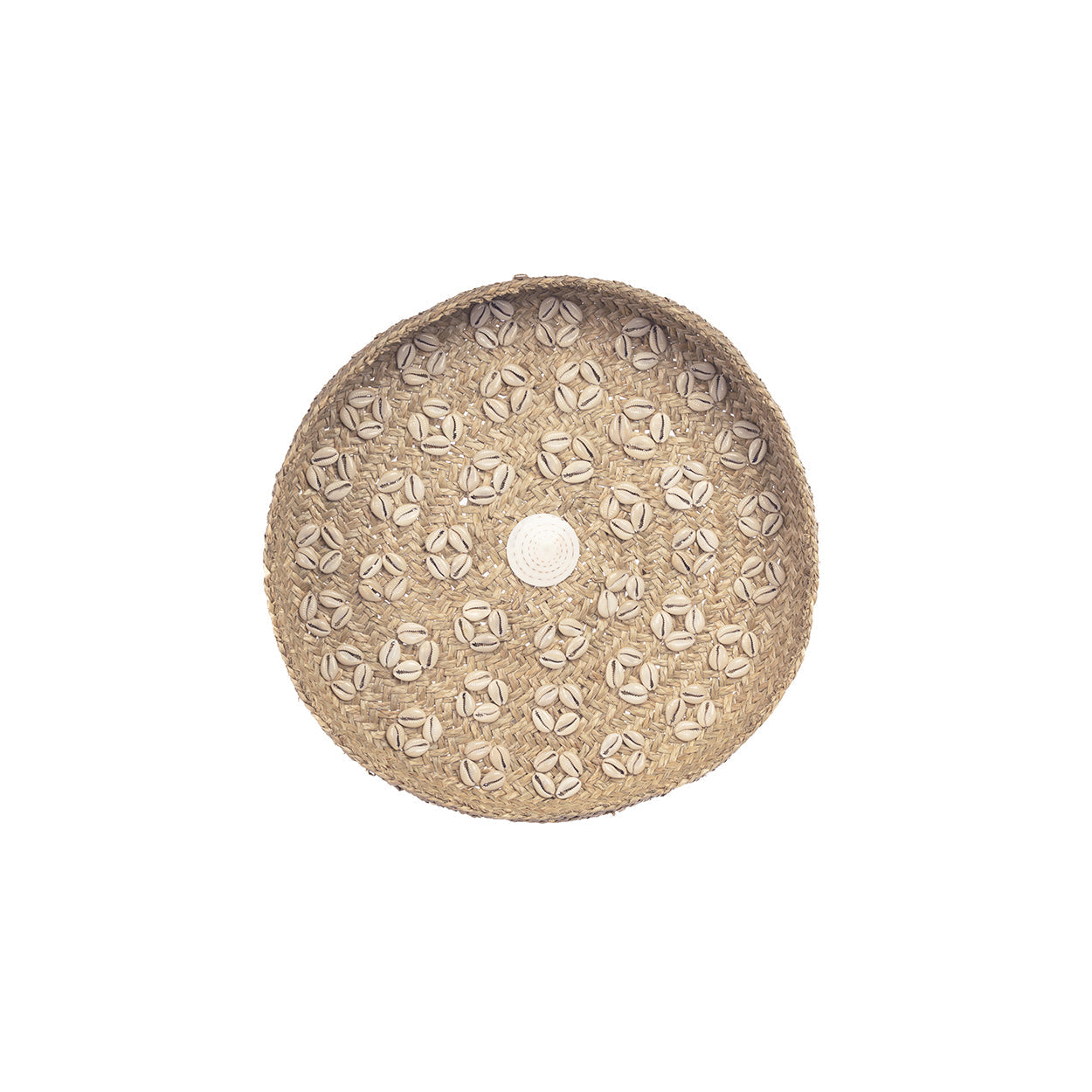 Plaque murale ronde en coquillages naturels et paille tressée blanche