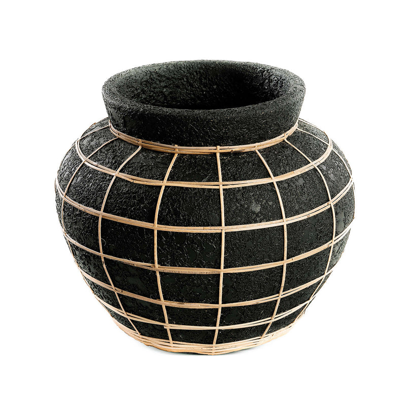 Vase rond en terre cuite et rotin noir naturel 33 cm