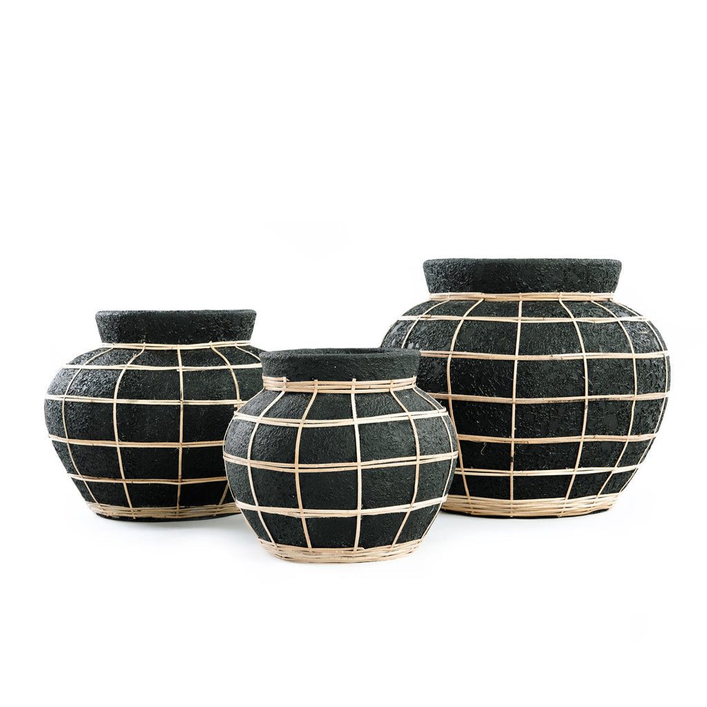 Vase rond en terre cuite et rotin noir naturel 19 cm