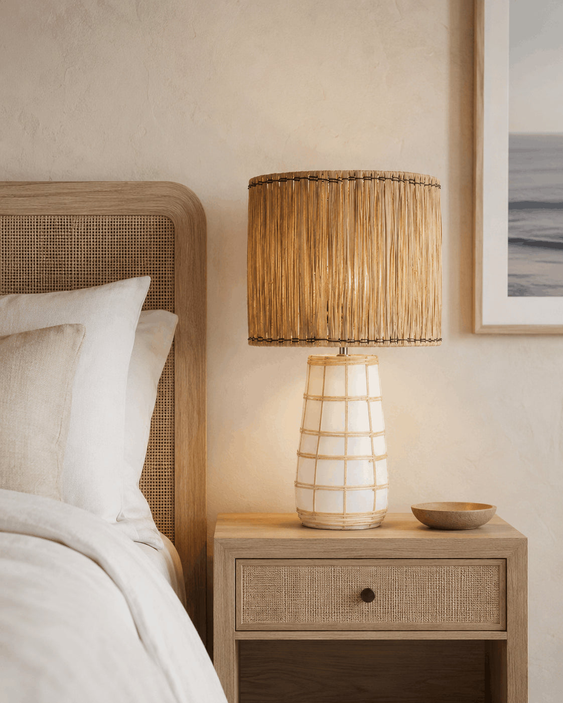 Lampe de table en terre cuite et herbe blanc naturel