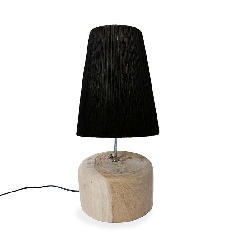 Lampe de table en teck et raphia noir conique – H55 cm