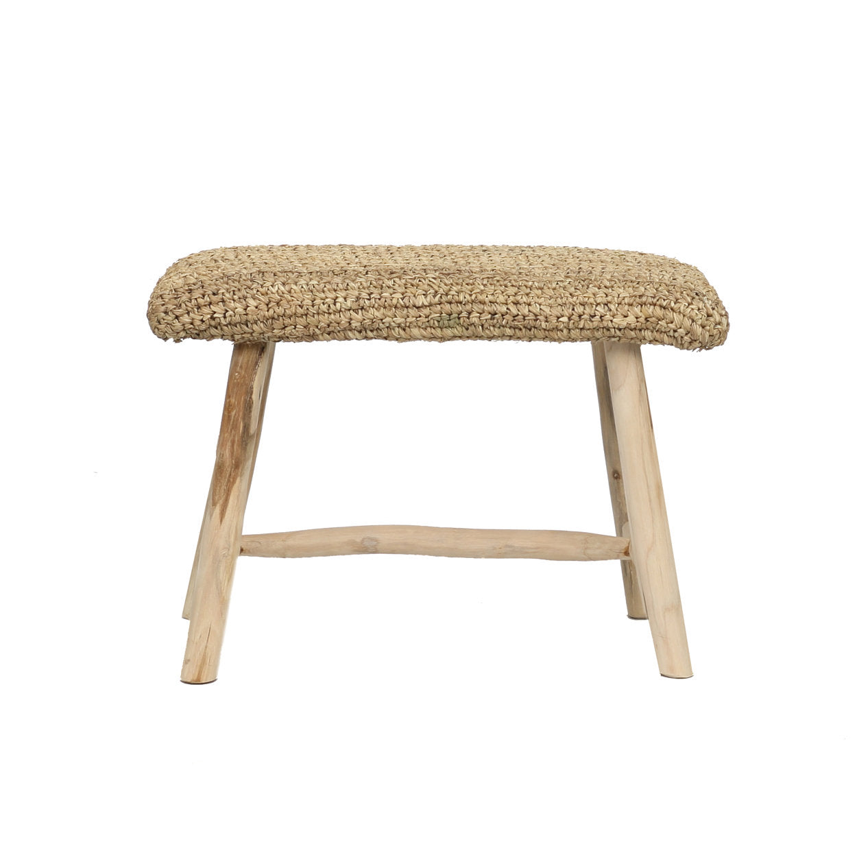 Banc rectangulaire en raphia tressé naturel et bois brut – 60x28 cm