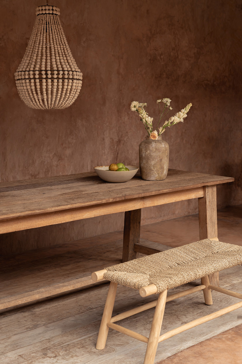 Banc en bois et fibre tressée naturel pour intérieur ou terrasse – 110x40 cm