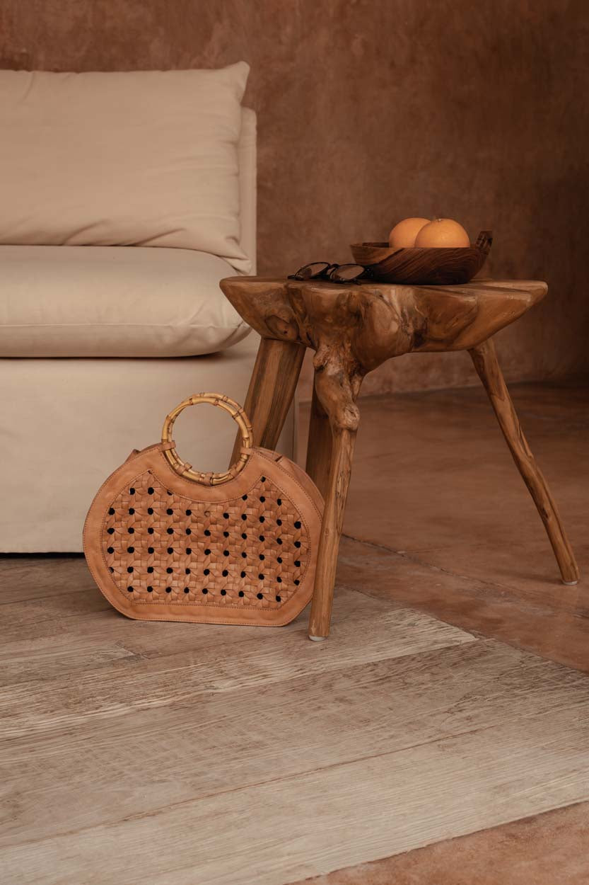 Tabouret racine teck organique naturel pour salon – H45 cm