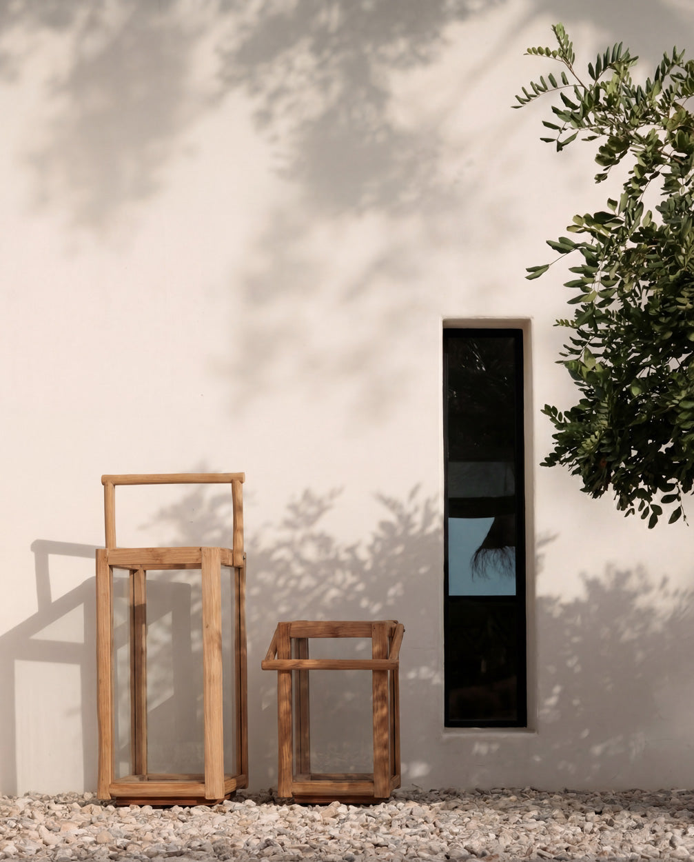 Lanterne rectangulaire en bois de teck recyclé avec poignée – H60 cm