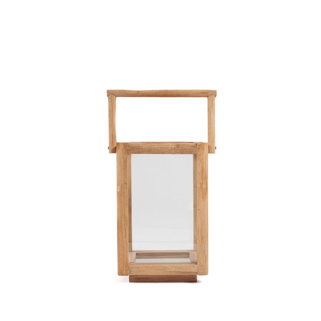 Lanterne rectangulaire en bois de teck recyclé naturel avec poignée – H43 cm