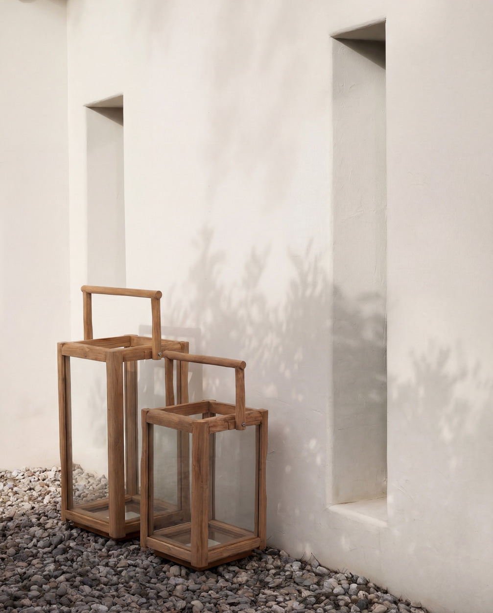 Lanterne rectangulaire en bois de teck recyclé naturel avec poignée – H43 cm