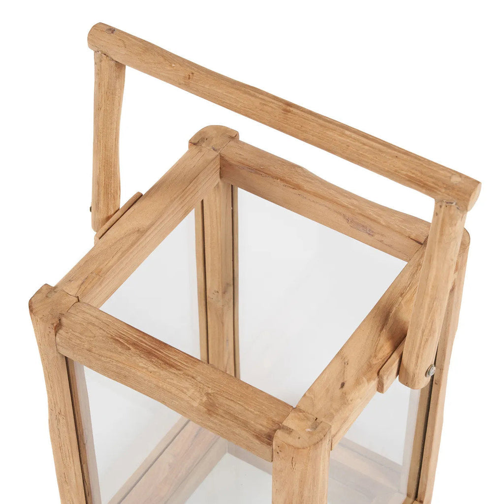 Lanterne rectangulaire en bois de teck recyclé naturel avec poignée – H43 cm