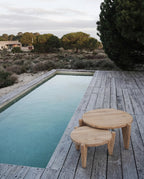 Table basse ronde en teck recyclé naturel pour jardin ou terrasse – Ø50 cm