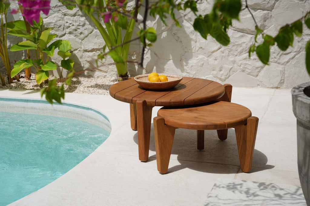 Table basse ronde en teck recyclé naturel pour jardin ou terrasse – Ø50 cm