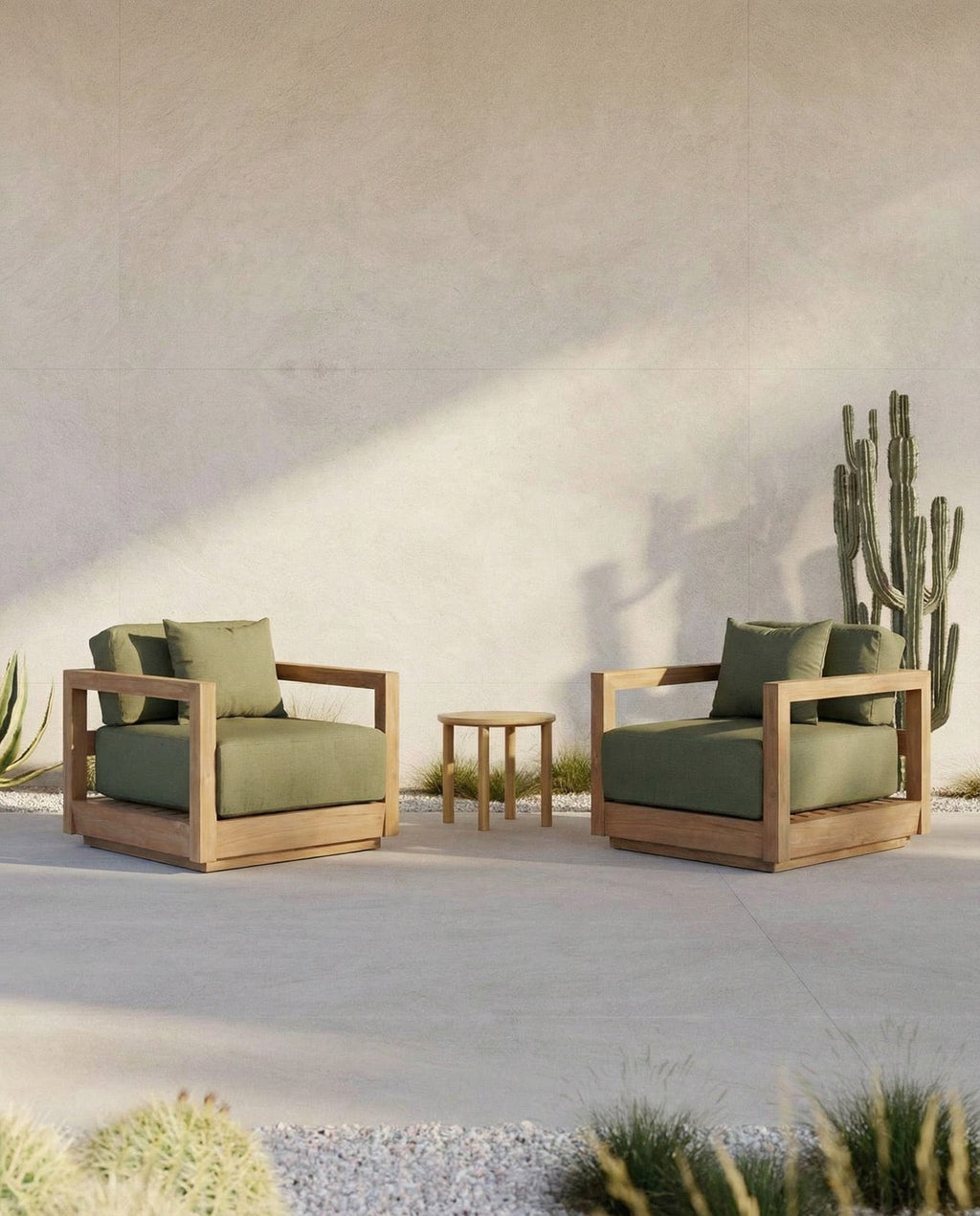 Fauteuil d'extérieur teck bois clair vert olive - 70x70 cm